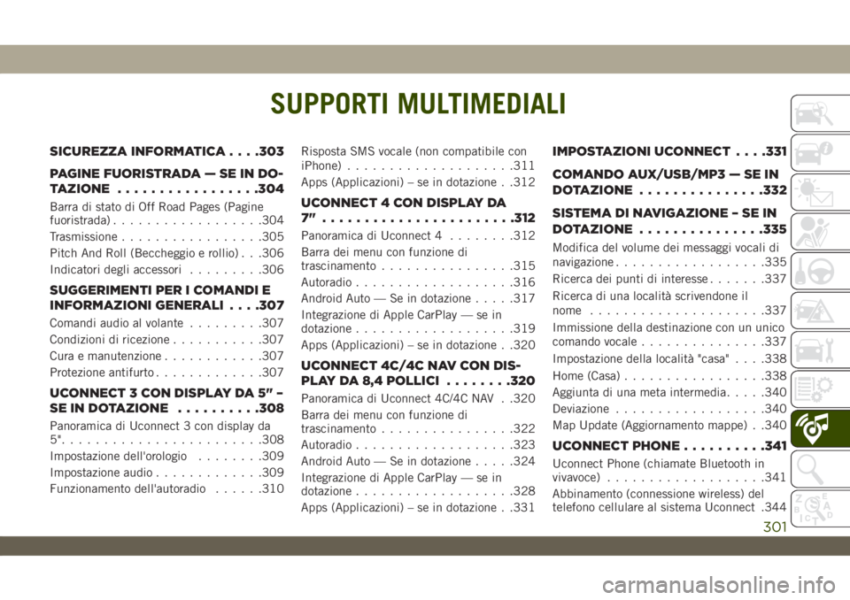 JEEP WRANGLER UNLIMITED 2018 Libretto Uso Manutenzione (in Italian) SUPPORTI MULTIMEDIALI
SICUREZZA INFORMATICA. . . .303
PAGINE FUORISTRADA — SE IN DO-
TAZIONE.................304
Barra di stato di Off Road Pages (Pagine
fuoristrada)..................304
Trasmissio JEEP WRANGLER UNLIMITED 2018 Libretto Uso Manutenzione (in Italian) SUPPORTI MULTIMEDIALI
SICUREZZA INFORMATICA. . . .303
PAGINE FUORISTRADA — SE IN DO-
TAZIONE.................304
Barra di stato di Off Road Pages (Pagine
fuoristrada)..................304
Trasmissio