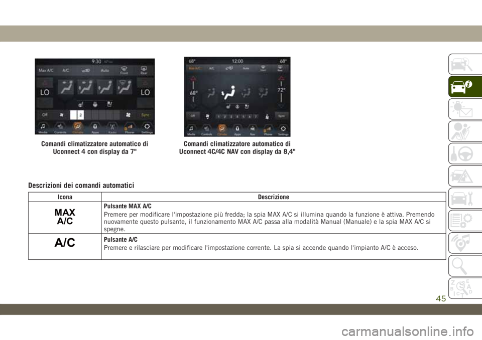 JEEP WRANGLER UNLIMITED 2019  Libretto Uso Manutenzione (in Italian) Descrizioni dei comandi automatici
Icona Descrizione
MAX
A/CPulsante MAX A/C
Premere per modificare l'impostazione più fredda; la spia MAX A/C si illumina quando la funzione è attiva. Premendo
n