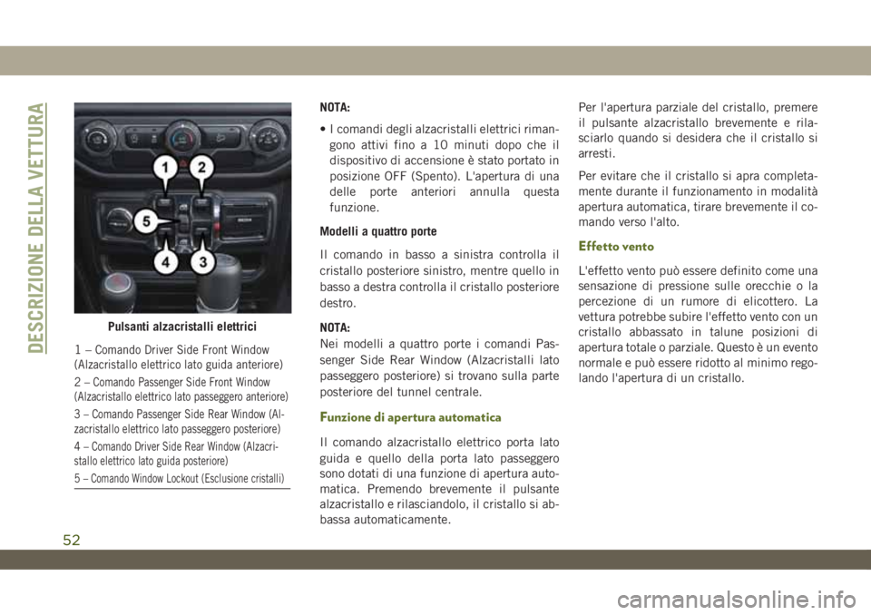 JEEP WRANGLER UNLIMITED 2019 Libretto Uso Manutenzione (in Italian) NOTA:
• I comandi degli alzacristalli elettrici riman-
gono attivi fino a 10 minuti dopo che il
dispositivo di accensione è stato portato in
posizione OFF (Spento). L'apertura di una
delle port JEEP WRANGLER UNLIMITED 2019 Libretto Uso Manutenzione (in Italian) NOTA:
• I comandi degli alzacristalli elettrici riman-
gono attivi fino a 10 minuti dopo che il
dispositivo di accensione è stato portato in
posizione OFF (Spento). L'apertura di una
delle port