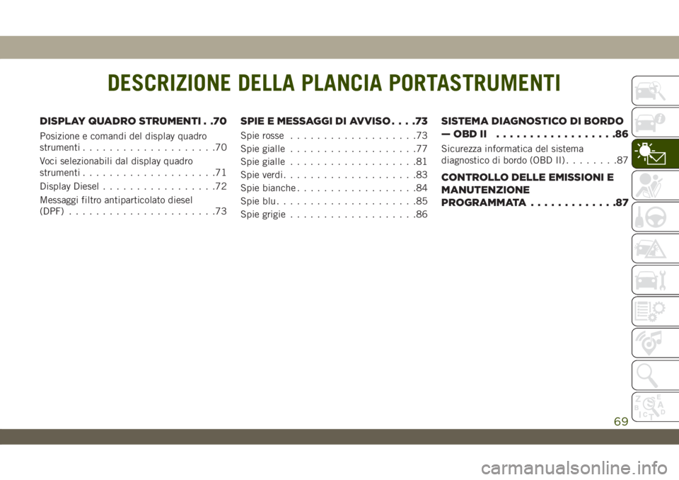 JEEP WRANGLER UNLIMITED 2018  Libretto Uso Manutenzione (in Italian) DESCRIZIONE DELLA PLANCIA PORTASTRUMENTI
DISPLAY QUADRO STRUMENTI . .70
Posizione e comandi del display quadro
strumenti....................70
Voci selezionabili dal display quadro
strumenti..........