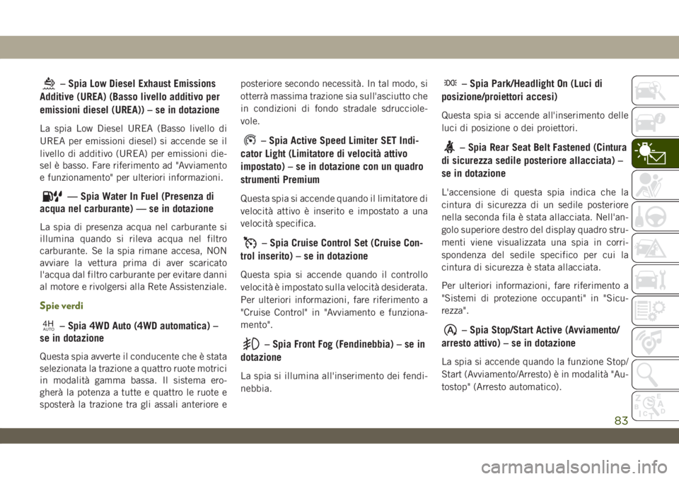 JEEP WRANGLER UNLIMITED 2019 Libretto Uso Manutenzione (in Italian) – Spia Low Diesel Exhaust Emissions
Additive (UREA) (Basso livello additivo per
emissioni diesel (UREA)) – se in dotazione
La spia Low Diesel UREA (Basso livello di
UREA per emissioni diesel) si a JEEP WRANGLER UNLIMITED 2019 Libretto Uso Manutenzione (in Italian) – Spia Low Diesel Exhaust Emissions
Additive (UREA) (Basso livello additivo per
emissioni diesel (UREA)) – se in dotazione
La spia Low Diesel UREA (Basso livello di
UREA per emissioni diesel) si a