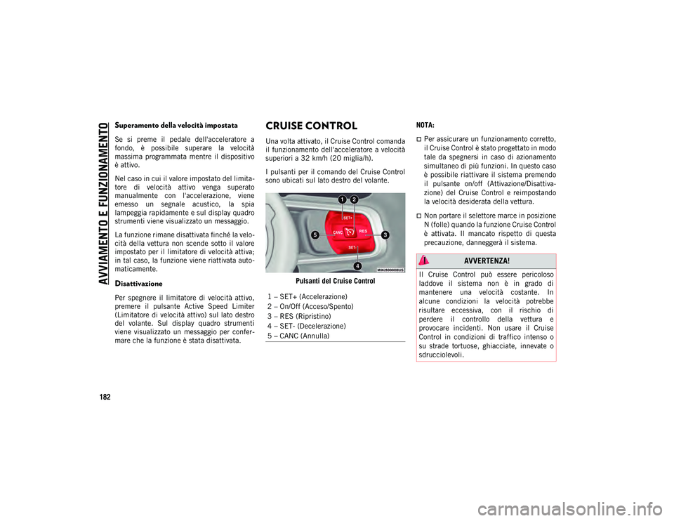 JEEP WRANGLER UNLIMITED 2021 Libretto Uso Manutenzione (in Italian) AVVIAMENTO E FUNZIONAMENTO
182
Superamento della velocità impostata
Se si preme il pedale dell'acceleratore a
fondo, è possibile superare la velocità
massima programmata mentre il JEEP WRANGLER UNLIMITED 2021 Libretto Uso Manutenzione (in Italian) AVVIAMENTO E FUNZIONAMENTO
182
Superamento della velocità impostata
Se si preme il pedale dell'acceleratore a
fondo, è possibile superare la velocità
massima programmata mentre il