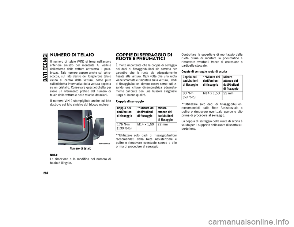 JEEP WRANGLER UNLIMITED 2020  Libretto Uso Manutenzione (in Italian) 284
DATI TECNICI
NUMERO DI TELAIO 

Il  numero  di  telaio  (VIN)  si  trova  nell'angolo
anteriore  sinistro  del  montante  A,  visibile
dall'esterno  della  vettura  attraverso  il  para-
b