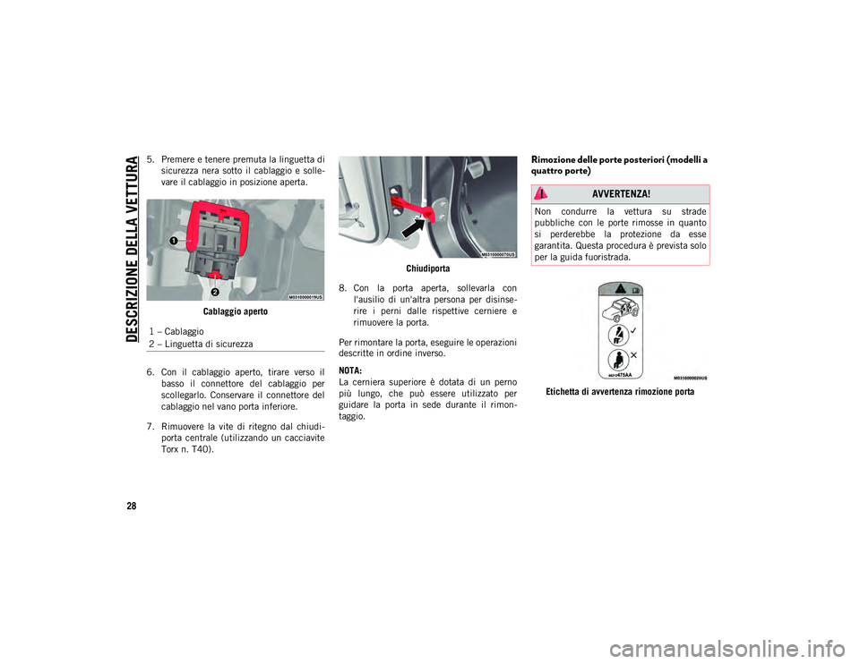 JEEP WRANGLER UNLIMITED 2021 Libretto Uso Manutenzione (in Italian) DESCRIZIONE DELLA VETTURA
28
5. Premere e tenere premuta la linguetta disicurezza nera sotto il cablaggio e solle -
vare il cablaggio in posizione aperta.
Cablaggio aperto
6. Con il cablaggio JEEP WRANGLER UNLIMITED 2021 Libretto Uso Manutenzione (in Italian) DESCRIZIONE DELLA VETTURA
28
5. Premere e tenere premuta la linguetta disicurezza nera sotto il cablaggio e solle -
vare il cablaggio in posizione aperta.
Cablaggio aperto
6. Con il cablaggio