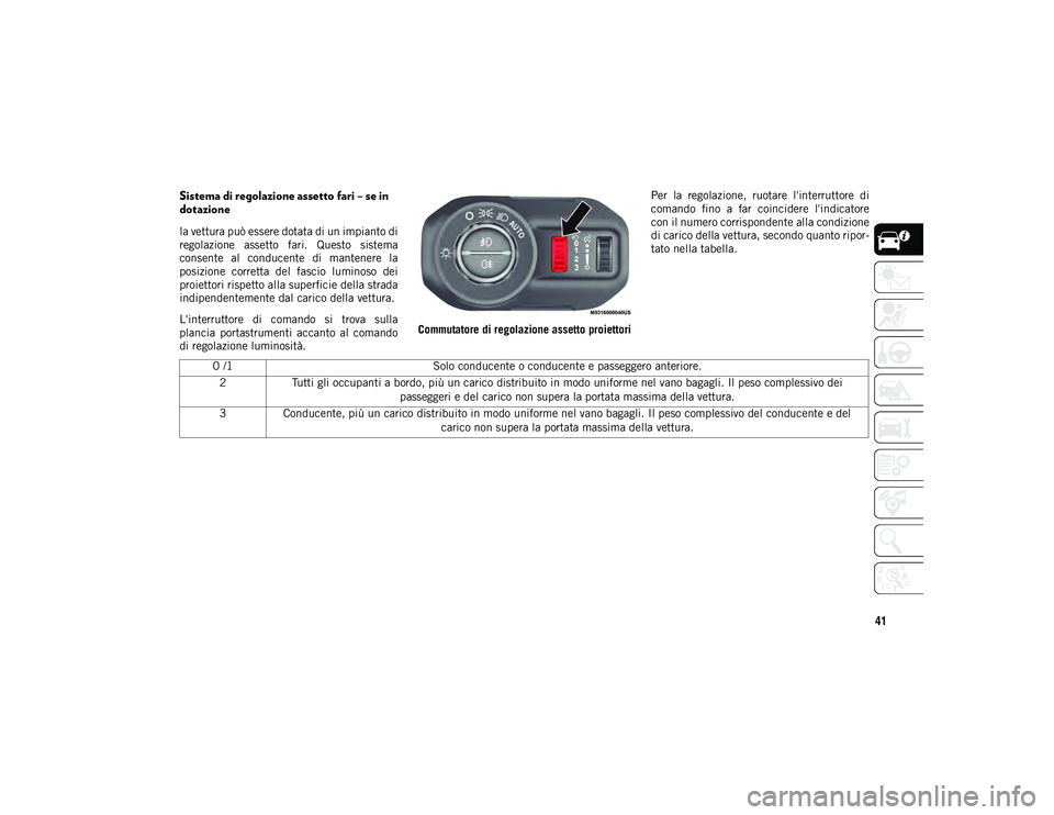 JEEP WRANGLER UNLIMITED 2021 Libretto Uso Manutenzione (in Italian) 41
Sistema di regolazione assetto fari – se in
dotazione
la vettura può essere dotata di un impianto di
regolazione assetto fari. Questo sistema
consente al conducente di mantenere la
po JEEP WRANGLER UNLIMITED 2021 Libretto Uso Manutenzione (in Italian) 41
Sistema di regolazione assetto fari – se in
dotazione
la vettura può essere dotata di un impianto di
regolazione assetto fari. Questo sistema
consente al conducente di mantenere la
po