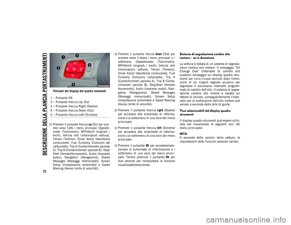 JEEP WRANGLER UNLIMITED 2021 Libretto Uso Manutenzione (in Italian) DESCRIZIONE DELLA PLANCIA PORTASTRUMENTI
72
Pulsanti del display del quadro strumenti
Premere il pulsante freccia up (Su) per scor -
rere verso l'alto i menu principali (Speedo -
meter JEEP WRANGLER UNLIMITED 2021 Libretto Uso Manutenzione (in Italian) DESCRIZIONE DELLA PLANCIA PORTASTRUMENTI
72
Pulsanti del display del quadro strumenti
Premere il pulsante freccia up (Su) per scor -
rere verso l'alto i menu principali (Speedo -
meter
