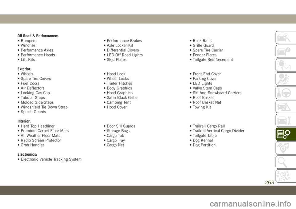 JEEP WRANGLER UNLIMITED 2019 Owner handbook (in English) Off Road & Performance:
• Bumpers • Performance Brakes • Rock Rails
• Winches • Axle Locker Kit • Grille Guard
• Performance Axles • Differential Covers • Spare Tire Carrier
• Perf JEEP WRANGLER UNLIMITED 2019 Owner handbook (in English) Off Road & Performance:
• Bumpers • Performance Brakes • Rock Rails
• Winches • Axle Locker Kit • Grille Guard
• Performance Axles • Differential Covers • Spare Tire Carrier
• Perf