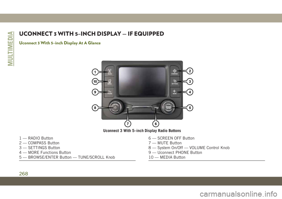 JEEP WRANGLER UNLIMITED 2019  Owner handbook (in English) UCONNECT 3 WITH 5–INCH DISPLAY — IF EQUIPPED
Uconnect 3 With 5–inch Display At A Glance
Uconnect 3 With 5–inch Display Radio Buttons
1 — RADIO Button
2 — COMPASS Button
3 — SETTINGS Butt