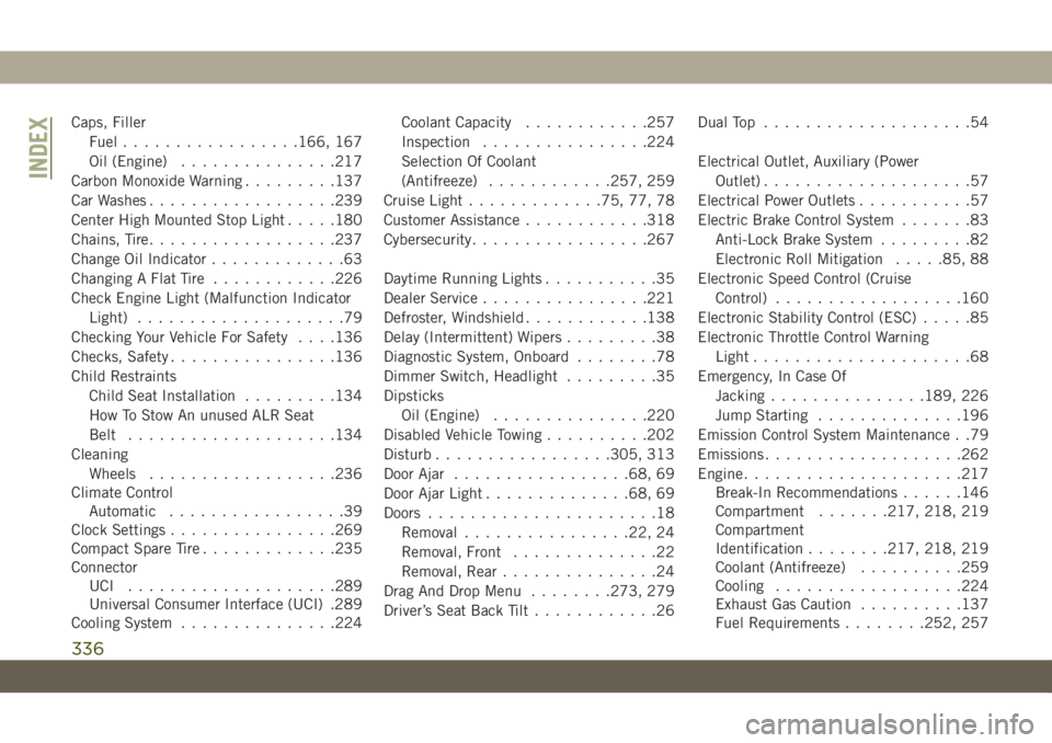 JEEP WRANGLER UNLIMITED 2018  Owner handbook (in English) Caps, Filler
Fuel.................166, 167
Oil (Engine)...............217
Carbon Monoxide Warning.........137
Car Washes..................239
Center High Mounted Stop Light.....180
Chains, Tire.......