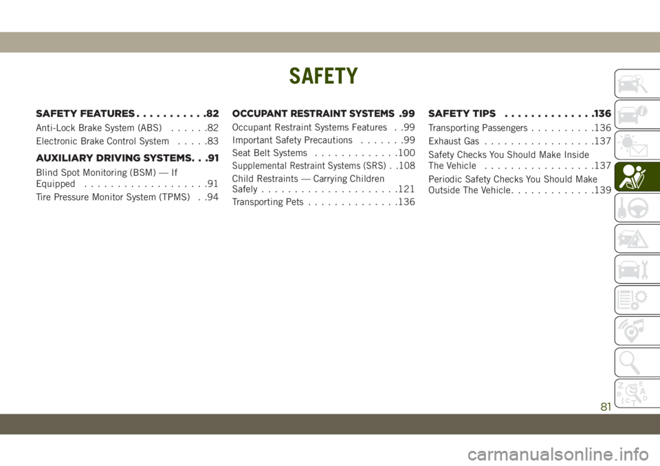 JEEP WRANGLER UNLIMITED 2019 Owner handbook (in English) SAFETY
SAFETY FEATURES...........82
Anti-Lock Brake System (ABS)......82
Electronic Brake Control System.....83
AUXILIARY DRIVING SYSTEMS. . .91
Blind Spot Monitoring (BSM) — If
Equipped............ JEEP WRANGLER UNLIMITED 2019 Owner handbook (in English) SAFETY
SAFETY FEATURES...........82
Anti-Lock Brake System (ABS)......82
Electronic Brake Control System.....83
AUXILIARY DRIVING SYSTEMS. . .91
Blind Spot Monitoring (BSM) — If
Equipped............