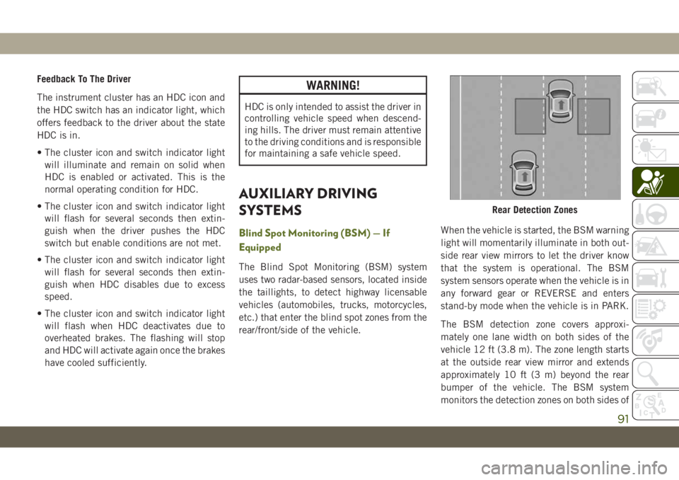 JEEP WRANGLER UNLIMITED 2019 Owner handbook (in English) Feedback To The Driver
The instrument cluster has an HDC icon and
the HDC switch has an indicator light, which
offers feedback to the driver about the state
HDC is in.
• The cluster icon and switch JEEP WRANGLER UNLIMITED 2019 Owner handbook (in English) Feedback To The Driver
The instrument cluster has an HDC icon and
the HDC switch has an indicator light, which
offers feedback to the driver about the state
HDC is in.
• The cluster icon and switch