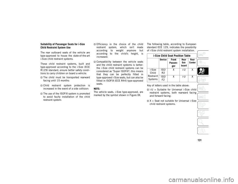 JEEP WRANGLER UNLIMITED 2020 Owner handbook (in English) 131
Suitability of Passenger Seats for i-Size
Child Restraint System Use
The rear outboard seats of the vehicle are
type-approved to house the state-of-the-art
i-Size child restraint syste JEEP WRANGLER UNLIMITED 2020 Owner handbook (in English) 131
Suitability of Passenger Seats for i-Size
Child Restraint System Use
The rear outboard seats of the vehicle are
type-approved to house the state-of-the-art
i-Size child restraint syste
