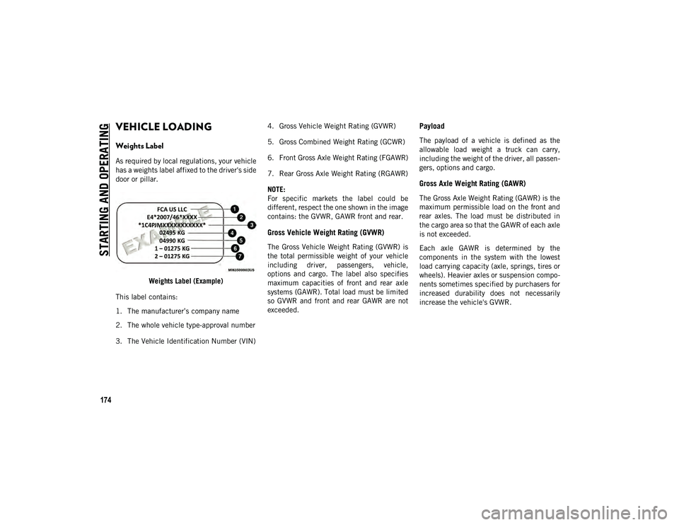 JEEP WRANGLER UNLIMITED 2020 Owner handbook (in English) STARTING AND OPERATING
174
VEHICLE LOADING
Weights Label
As required by local regulations, your vehicle
has a weights label affixed to the driver's side
door or pillar.Weights Label (Example)
T JEEP WRANGLER UNLIMITED 2020 Owner handbook (in English) STARTING AND OPERATING
174
VEHICLE LOADING
Weights Label
As required by local regulations, your vehicle
has a weights label affixed to the driver's side
door or pillar.Weights Label (Example)
T