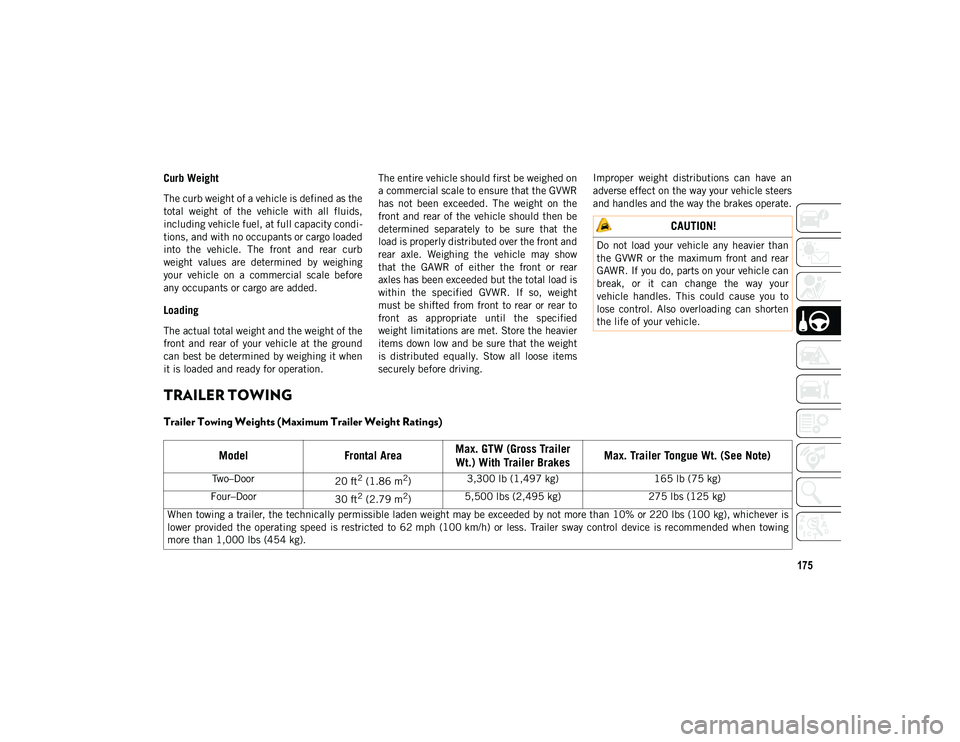 JEEP WRANGLER UNLIMITED 2020 Owner handbook (in English) 175
Curb Weight
The curb weight of a vehicle is defined as the
total weight of the vehicle with all fluids,
including vehicle fuel, at full capacity condi-
tions, and with no occupants or cargo JEEP WRANGLER UNLIMITED 2020 Owner handbook (in English) 175
Curb Weight
The curb weight of a vehicle is defined as the
total weight of the vehicle with all fluids,
including vehicle fuel, at full capacity condi-
tions, and with no occupants or cargo