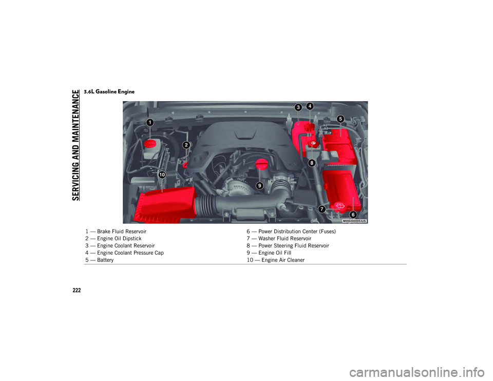 JEEP WRANGLER UNLIMITED 2020 Owner handbook (in English) SERVICING AND MAINTENANCE
222
3.6L Gasoline Engine
1 — Brake Fluid Reservoir6 — Power Distribution Center (Fuses)
2 — Engine Oil Dipstick 7 — Washer Fluid Reservoir
3 — Engine Coolant Reser JEEP WRANGLER UNLIMITED 2020 Owner handbook (in English) SERVICING AND MAINTENANCE
222
3.6L Gasoline Engine
1 — Brake Fluid Reservoir6 — Power Distribution Center (Fuses)
2 — Engine Oil Dipstick 7 — Washer Fluid Reservoir
3 — Engine Coolant Reser