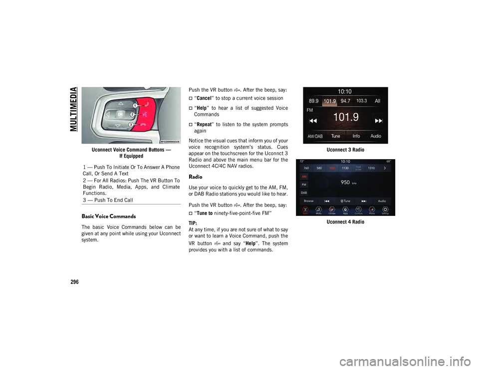 JEEP WRANGLER UNLIMITED 2020 Owner handbook (in English) MULTIMEDIA
296
Uconnect Voice Command Buttons —If Equipped
Basic Voice Commands
The basic Voice Commands below can be
given at any point while using your Uconnect
system. Push the VR button . JEEP WRANGLER UNLIMITED 2020 Owner handbook (in English) MULTIMEDIA
296
Uconnect Voice Command Buttons —If Equipped
Basic Voice Commands
The basic Voice Commands below can be
given at any point while using your Uconnect
system. Push the VR button .