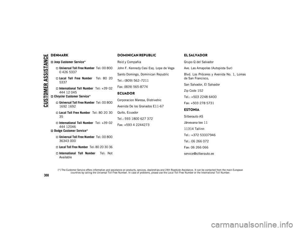 JEEP WRANGLER UNLIMITED 2020  Owner handbook (in English) CUSTOMER ASSISTANCE

(*) The Customer Service offers information and assistance on products, services, dealerships and 24H Roadside Assistance. It can be contacted from the main European countries by 