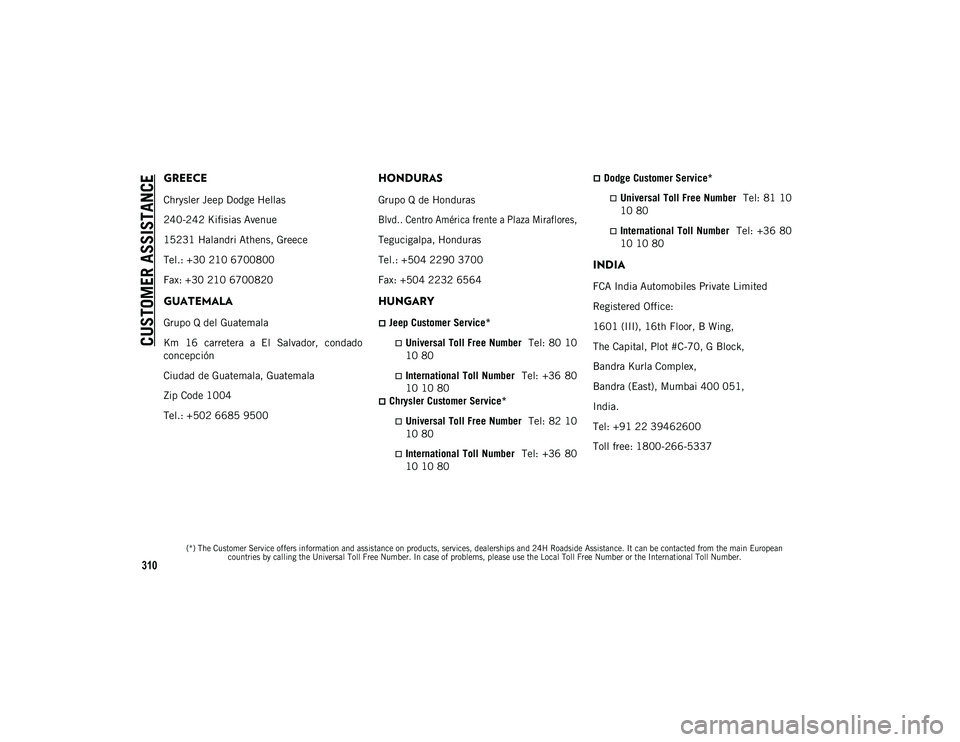 JEEP WRANGLER UNLIMITED 2020 Owner handbook (in English) CUSTOMER ASSISTANCE
(*) The Customer Service offers information and assistance on products, services, dealerships and 24H Roadside Assistance. It can be contacted from the main European countries by JEEP WRANGLER UNLIMITED 2020 Owner handbook (in English) CUSTOMER ASSISTANCE
(*) The Customer Service offers information and assistance on products, services, dealerships and 24H Roadside Assistance. It can be contacted from the main European countries by