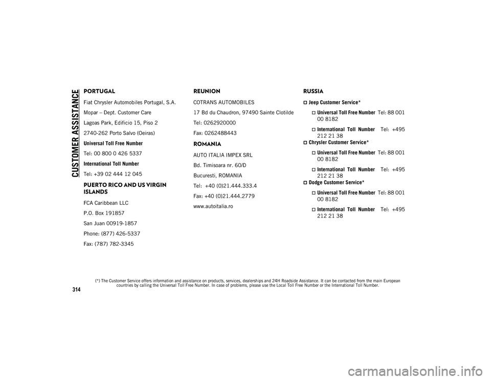 JEEP WRANGLER UNLIMITED 2020 Owner handbook (in English) CUSTOMER ASSISTANCE
(*) The Customer Service offers information and assistance on products, services, dealerships and 24H Roadside Assistance. It can be contacted from the main European countries by JEEP WRANGLER UNLIMITED 2020 Owner handbook (in English) CUSTOMER ASSISTANCE
(*) The Customer Service offers information and assistance on products, services, dealerships and 24H Roadside Assistance. It can be contacted from the main European countries by