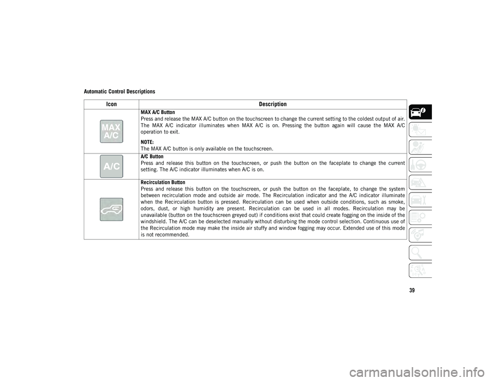 JEEP WRANGLER UNLIMITED 2021  Owner handbook (in English) 39
Automatic Control Descriptions
IconDescription
MAX A/C Button
Press and release the MAX A/C button on the touchscreen to change the current setting to the coldest output of air.
The  MAX  A/C  indi