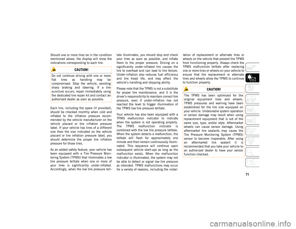 JEEP WRANGLER UNLIMITED 2021 Owner handbook (in English) 71
Should one or more tires be in the condition
mentioned above, the display will show the
indications corresponding to each tire.
Each tire, including the spare (if provided),
should be JEEP WRANGLER UNLIMITED 2021 Owner handbook (in English) 71
Should one or more tires be in the condition
mentioned above, the display will show the
indications corresponding to each tire.
Each tire, including the spare (if provided),
should be