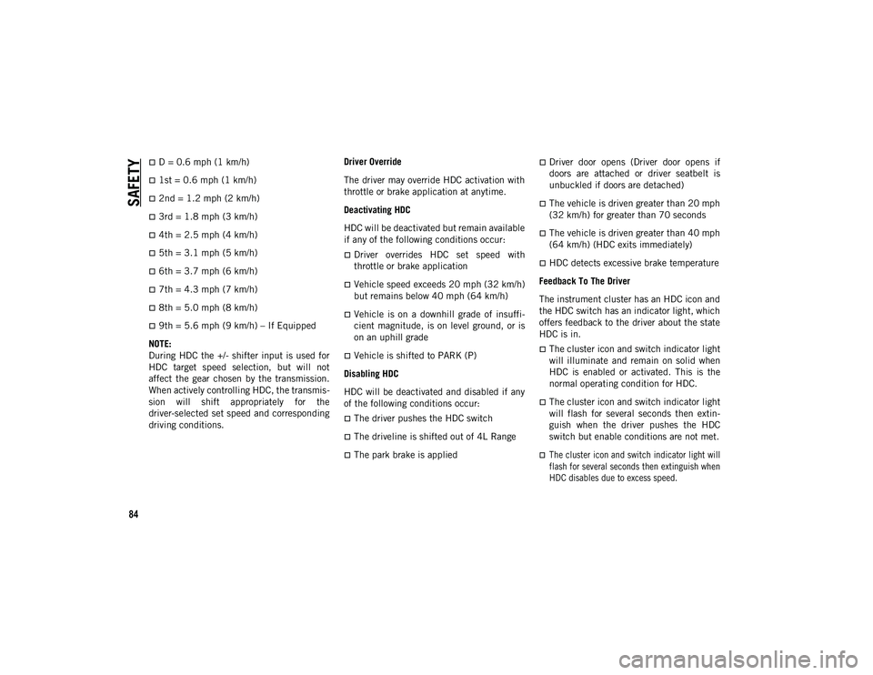 JEEP WRANGLER UNLIMITED 2021  Owner handbook (in English) SAFETY
84
D = 0.6 mph (1 km/h)
1st = 0.6 mph (1 km/h)
2nd = 1.2 mph (2 km/h)
3rd = 1.8 mph (3 km/h)
4th = 2.5 mph (4 km/h)
5th = 3.1 mph (5 km/h)
6th = 3.7 mph (6 km/h)
7th = 4