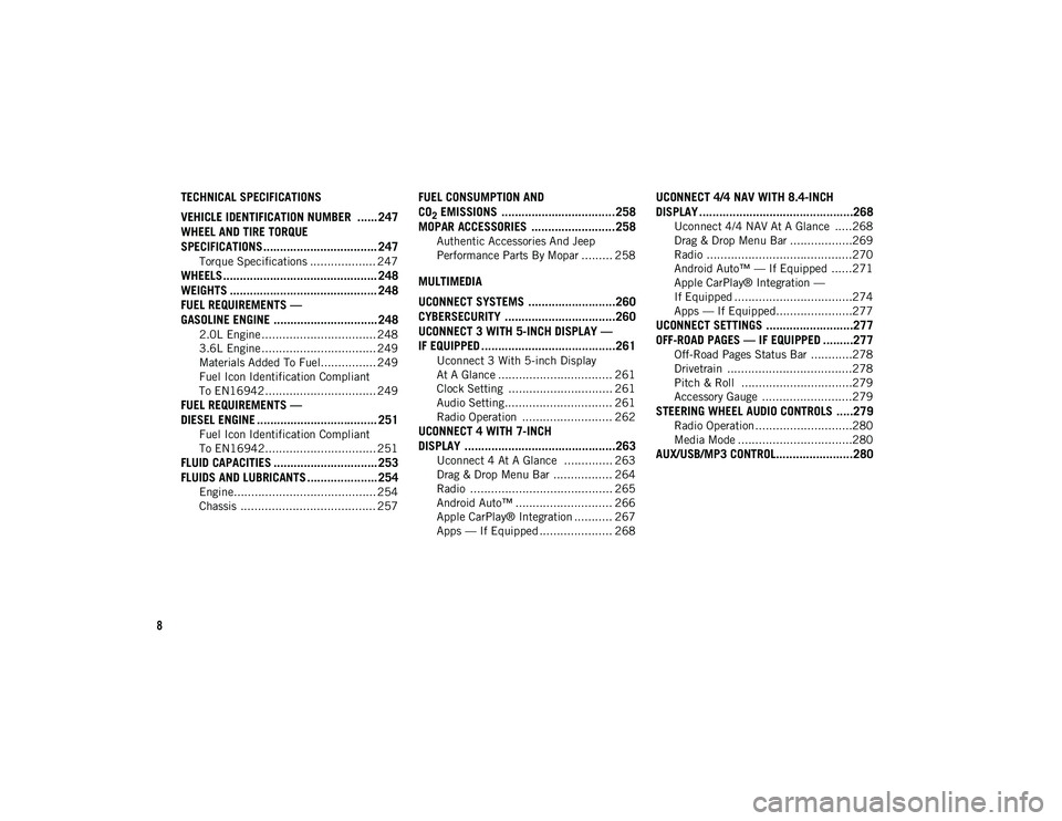 JEEP WRANGLER UNLIMITED 2020 Owner handbook (in English) 8
TECHNICAL SPECIFICATIONS
VEHICLE IDENTIFICATION NUMBER ...... 247
WHEEL AND TIRE TORQUE
SPECIFICATIONS .................................. 247
Torque Specifications ................... 247
WHEELS .. JEEP WRANGLER UNLIMITED 2020 Owner handbook (in English) 8
TECHNICAL SPECIFICATIONS
VEHICLE IDENTIFICATION NUMBER ...... 247
WHEEL AND TIRE TORQUE
SPECIFICATIONS .................................. 247
Torque Specifications ................... 247
WHEELS ..