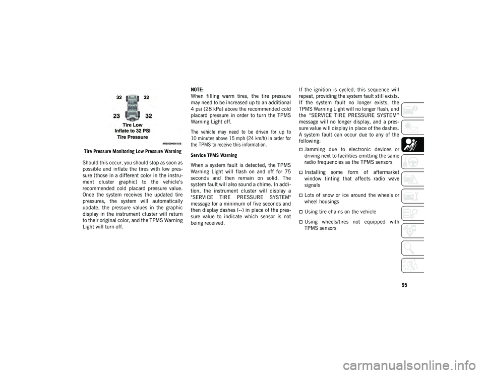 JEEP WRANGLER UNLIMITED 2020 Owner handbook (in English) 95
Tire Pressure Monitoring Low Pressure Warning
Should this occur, you should stop as soon as
possible and inflate the tires with low pres -
sure (those in a different color in the instru -
JEEP WRANGLER UNLIMITED 2020 Owner handbook (in English) 95
Tire Pressure Monitoring Low Pressure Warning
Should this occur, you should stop as soon as
possible and inflate the tires with low pres -
sure (those in a different color in the instru -