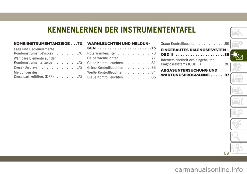 JEEP WRANGLER UNLIMITED 2019 Betriebsanleitung (in German) KENNENLERNEN DER INSTRUMENTENTAFEL
KOMBIINSTRUMENTANZEIGE . . .70
Lage und Bedienelemente
Kombiinstrument-Display..........70
Wählbare Elemente auf der
Kombiinstrumentanzeige..........72
Diesel-Displ JEEP WRANGLER UNLIMITED 2019 Betriebsanleitung (in German) KENNENLERNEN DER INSTRUMENTENTAFEL
KOMBIINSTRUMENTANZEIGE . . .70
Lage und Bedienelemente
Kombiinstrument-Display..........70
Wählbare Elemente auf der
Kombiinstrumentanzeige..........72
Diesel-Displ