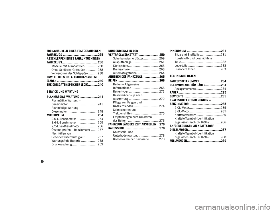 JEEP WRANGLER UNLIMITED 2020  Betriebsanleitung (in German) 10
FREISCHAUKELN EINES FESTGEFAHRENEN 
FAHRZEUGS ........................................ 235
ABSCHLEPPEN EINES FAHRUNTÜCHTIGEN 
FAHRZEUGS......................................... 236
Modelle mit All