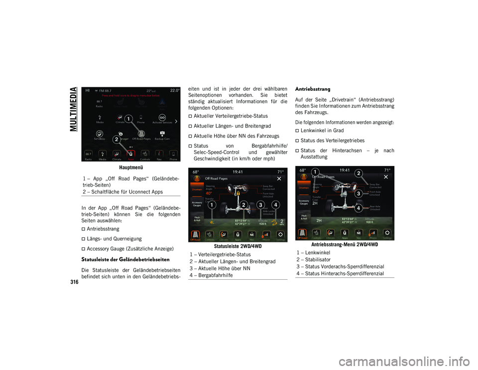 JEEP WRANGLER UNLIMITED 2021  Betriebsanleitung (in German) MULTIMEDIA
316
Hauptmenü
In  der  App  „Off  Road  Pages“  (Geländebe-
trieb-Seiten)  können  Sie  die  folgenden
Seiten auswählen:
Antriebsstrang
Längs- und Querneigung
Accessory Ga