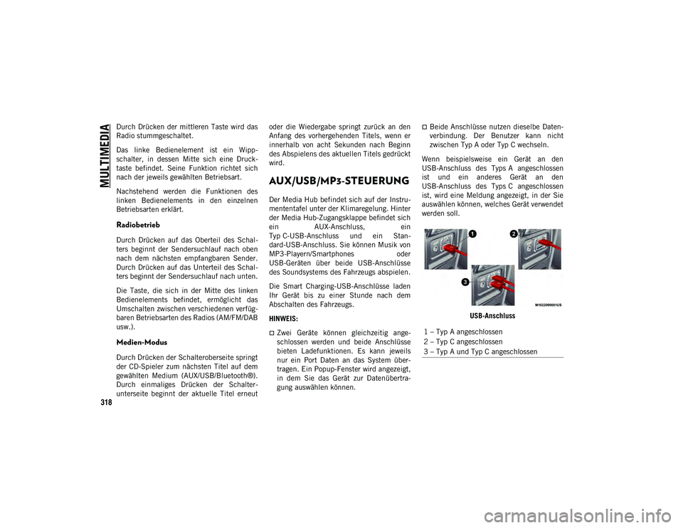 JEEP WRANGLER UNLIMITED 2020  Betriebsanleitung (in German) MULTIMEDIA
318
Durch  Drücken der mittleren Taste wird  das
Radio stummgeschaltet.
Das  linke  Bedienelement  ist  ein  Wipp-
schalter,  in  dessen  Mitte  sich  eine  Druck-
taste  befindet.  Seine 