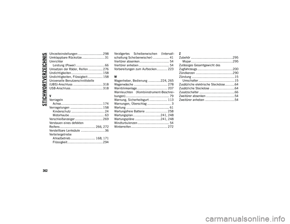 JEEP WRANGLER UNLIMITED 2020  Betriebsanleitung (in German) 362
STICHWORTVERZEICHNIS
Uhrzeiteinstellungen .......................... 298
Umklappbare Rücksitze........................ 31
UmrichterLeistung (Power) .............................. 66
Umsetzen der 