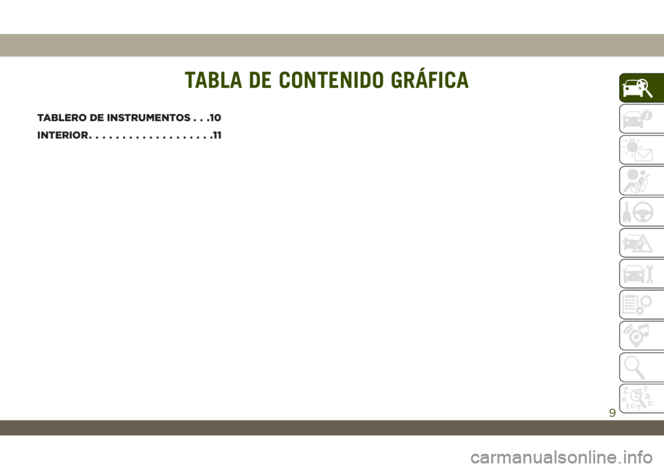 JEEP WRANGLER UNLIMITED 2019  Manual de Empleo y Cuidado (in Spanish) TABLA DE CONTENIDO GRÁFICA
TABLERO DE INSTRUMENTOS . . .10
INTERIOR...................11
TABLA DE CONTENIDO GRÁFICA
9 