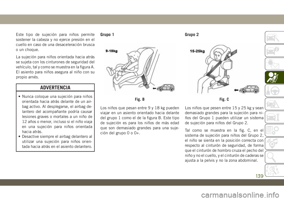 JEEP WRANGLER UNLIMITED 2018 Manual de Empleo y Cuidado (in Spanish) Este tipo de sujeción para niños permite
sostener la cabeza y no ejerce presión en el
cuello en caso de una desaceleración brusca
o un choque.
La sujeción para niños orientada hacia atrás
se su JEEP WRANGLER UNLIMITED 2018 Manual de Empleo y Cuidado (in Spanish) Este tipo de sujeción para niños permite
sostener la cabeza y no ejerce presión en el
cuello en caso de una desaceleración brusca
o un choque.
La sujeción para niños orientada hacia atrás
se su