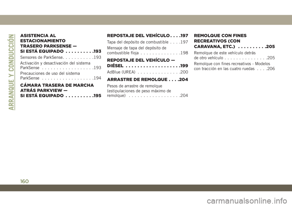 JEEP WRANGLER UNLIMITED 2019  Manual de Empleo y Cuidado (in Spanish) ASISTENCIA AL
ESTACIONAMIENTO
TRASERO PARKSENSE —
SI ESTÁ EQUIPADO..........193
Sensores de ParkSense...........193
Activación y desactivación del sistema
ParkSense..................193
Precaucio