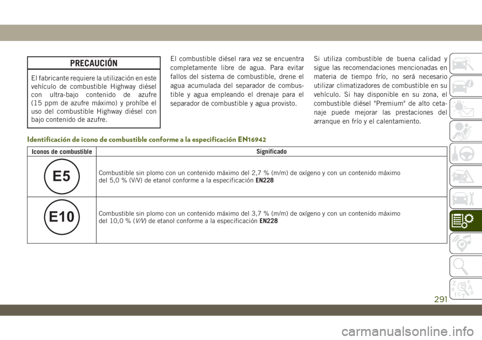JEEP WRANGLER UNLIMITED 2018 Manual de Empleo y Cuidado (in Spanish) PRECAUCIÓN
El fabricante requiere la utilización en este
vehículo de combustible Highway diésel
con ultra-bajo contenido de azufre
(15 ppm de azufre máximo) y prohíbe el
uso del combustible High JEEP WRANGLER UNLIMITED 2018 Manual de Empleo y Cuidado (in Spanish) PRECAUCIÓN
El fabricante requiere la utilización en este
vehículo de combustible Highway diésel
con ultra-bajo contenido de azufre
(15 ppm de azufre máximo) y prohíbe el
uso del combustible High