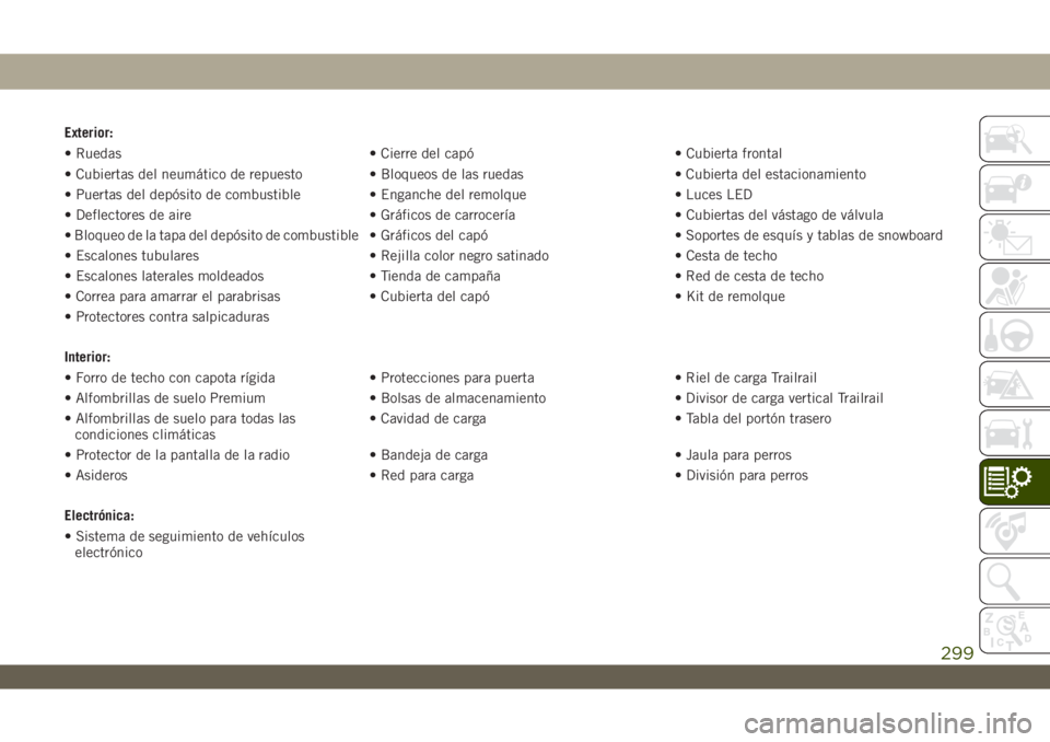 JEEP WRANGLER UNLIMITED 2018 Manual de Empleo y Cuidado (in Spanish) Exterior:
• Ruedas • Cierre del capó • Cubierta frontal
• Cubiertas del neumático de repuesto • Bloqueos de las ruedas • Cubierta del estacionamiento
• Puertas del depósito de combust JEEP WRANGLER UNLIMITED 2018 Manual de Empleo y Cuidado (in Spanish) Exterior:
• Ruedas • Cierre del capó • Cubierta frontal
• Cubiertas del neumático de repuesto • Bloqueos de las ruedas • Cubierta del estacionamiento
• Puertas del depósito de combust