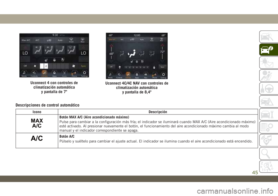 JEEP WRANGLER UNLIMITED 2019  Manual de Empleo y Cuidado (in Spanish) Descripciones de control automático
Icono Descripción
MAX
A/CBotón MAX A/C (Aire acondicionado máximo)
Pulse para cambiar a la configuración más fría; el indicador se iluminará cuando MAX A/C 