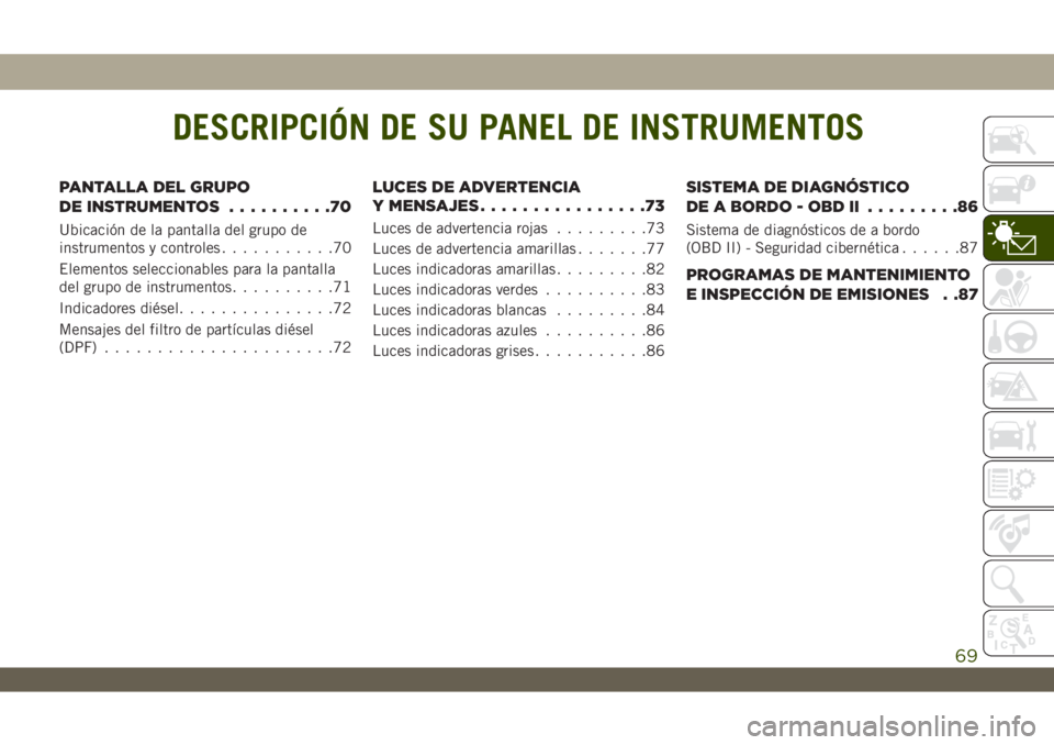 JEEP WRANGLER UNLIMITED 2019 Manual de Empleo y Cuidado (in Spanish) DESCRIPCIÓN DE SU PANEL DE INSTRUMENTOS
PANTALLA DEL GRUPO
DE INSTRUMENTOS..........70
Ubicación de la pantalla del grupo de
instrumentos y controles...........70
Elementos seleccionables para la pa JEEP WRANGLER UNLIMITED 2019 Manual de Empleo y Cuidado (in Spanish) DESCRIPCIÓN DE SU PANEL DE INSTRUMENTOS
PANTALLA DEL GRUPO
DE INSTRUMENTOS..........70
Ubicación de la pantalla del grupo de
instrumentos y controles...........70
Elementos seleccionables para la pa