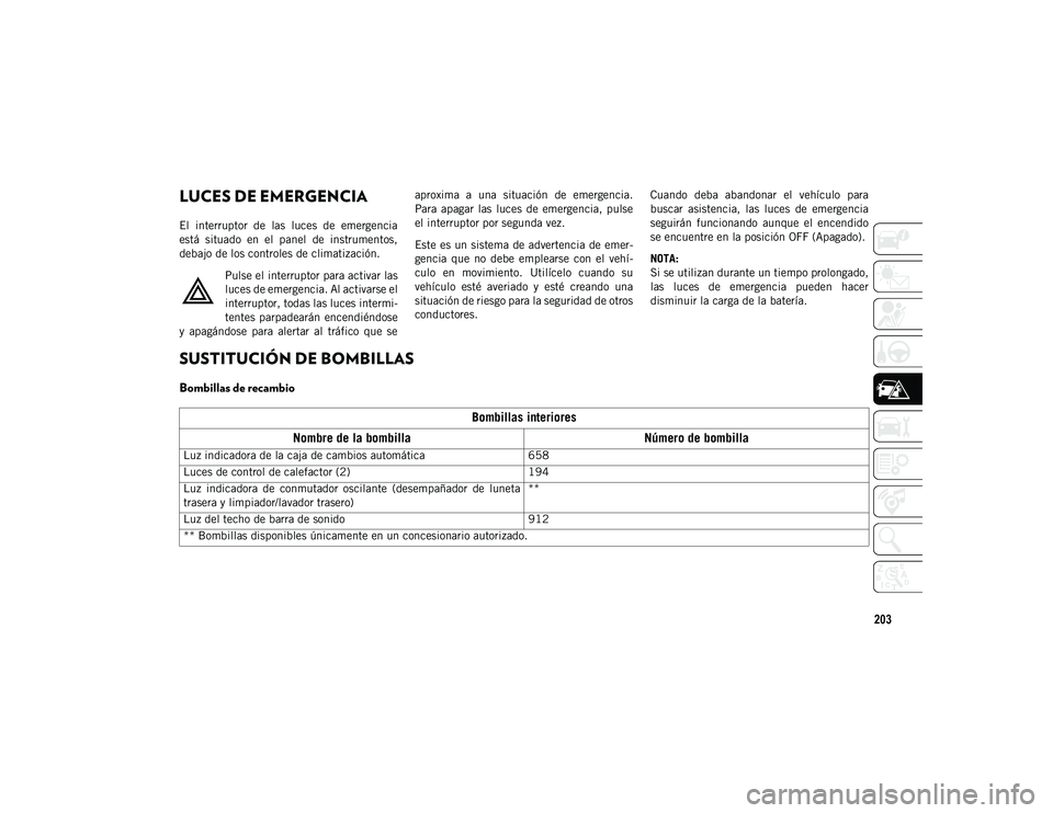 JEEP WRANGLER UNLIMITED 2020  Manual de Empleo y Cuidado (in Spanish) 203
LUCES DE EMERGENCIA 
El  interruptor  de  las  luces  de  emergencia
está  situado  en  el  panel  de  instrumentos,
debajo de los controles de climatización.Pulse el interruptor para activar la