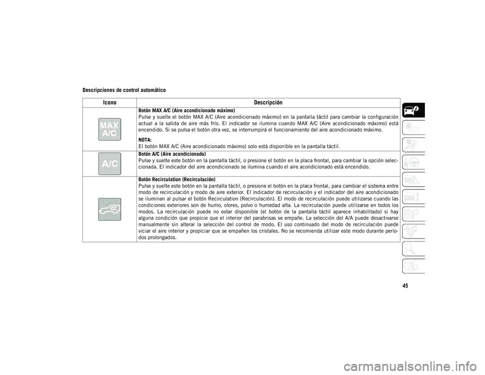 JEEP WRANGLER UNLIMITED 2021 Manual de Empleo y Cuidado (in Spanish) 45
Descripciones de control automático
IconoDescripción
Botón MAX A/C (Aire acondicionado máximo)
Pulse y suelte el botón MAX A/C (Aire acondicionado máximo) en la pantalla táctil par JEEP WRANGLER UNLIMITED 2021 Manual de Empleo y Cuidado (in Spanish) 45
Descripciones de control automático
IconoDescripción
Botón MAX A/C (Aire acondicionado máximo)
Pulse y suelte el botón MAX A/C (Aire acondicionado máximo) en la pantalla táctil par