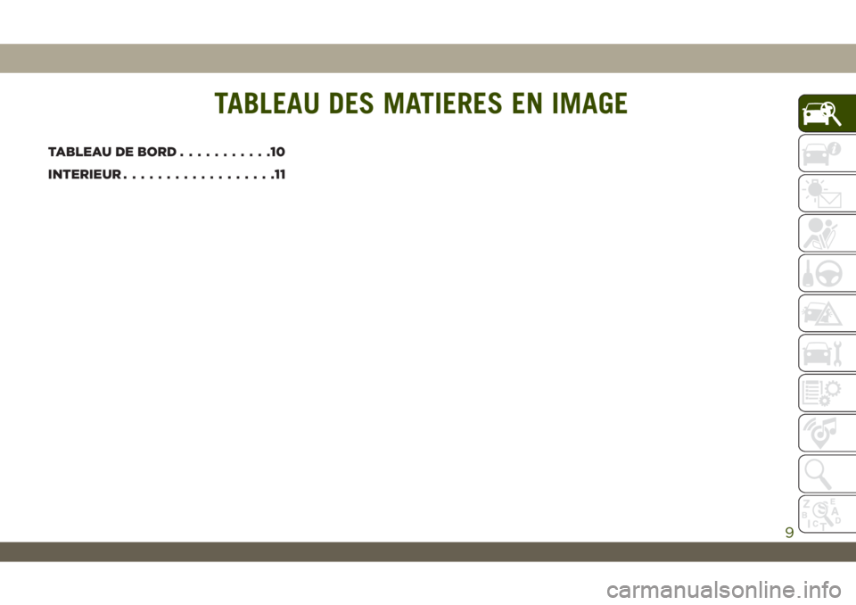 JEEP WRANGLER UNLIMITED 2019 Notice dentretien (in French) TABLEAU DES MATIERES EN IMAGE
TABLEAU DE BORD...........10
INTERIEUR..................11
TABLEAU DES MATIERES EN IMAGE
9 JEEP WRANGLER UNLIMITED 2019 Notice dentretien (in French) TABLEAU DES MATIERES EN IMAGE
TABLEAU DE BORD...........10
INTERIEUR..................11
TABLEAU DES MATIERES EN IMAGE
9