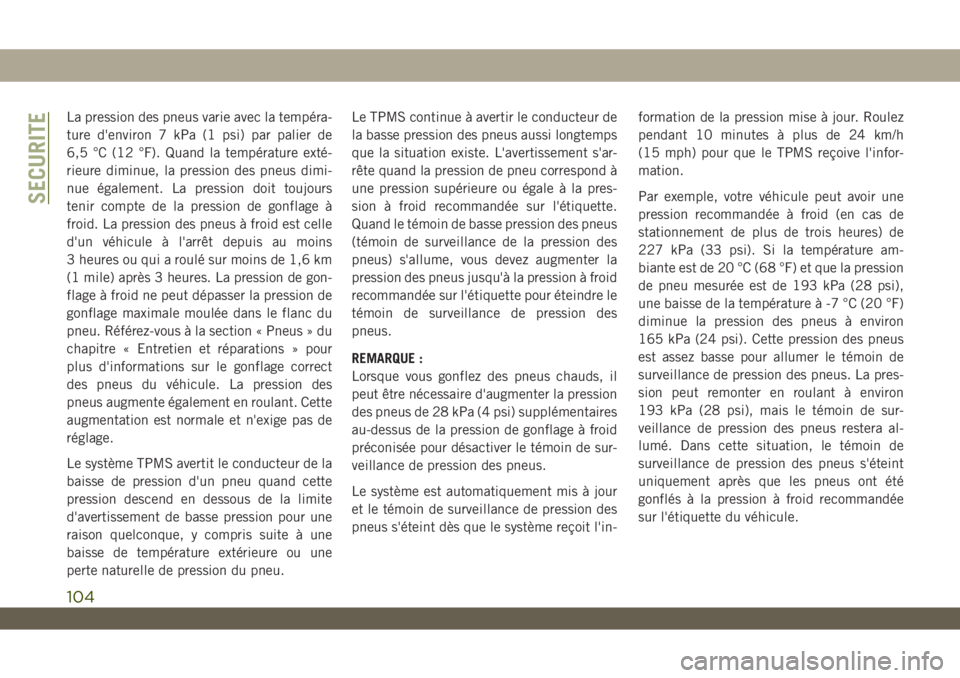 JEEP WRANGLER UNLIMITED 2019 Notice dentretien (in French) La pression des pneus varie avec la tempéra-
ture d'environ 7 kPa (1 psi) par palier de
6,5 °C (12 °F). Quand la température exté-
rieure diminue, la pression des pneus dimi-
nue également. JEEP WRANGLER UNLIMITED 2019 Notice dentretien (in French) La pression des pneus varie avec la tempéra-
ture d'environ 7 kPa (1 psi) par palier de
6,5 °C (12 °F). Quand la température exté-
rieure diminue, la pression des pneus dimi-
nue également.