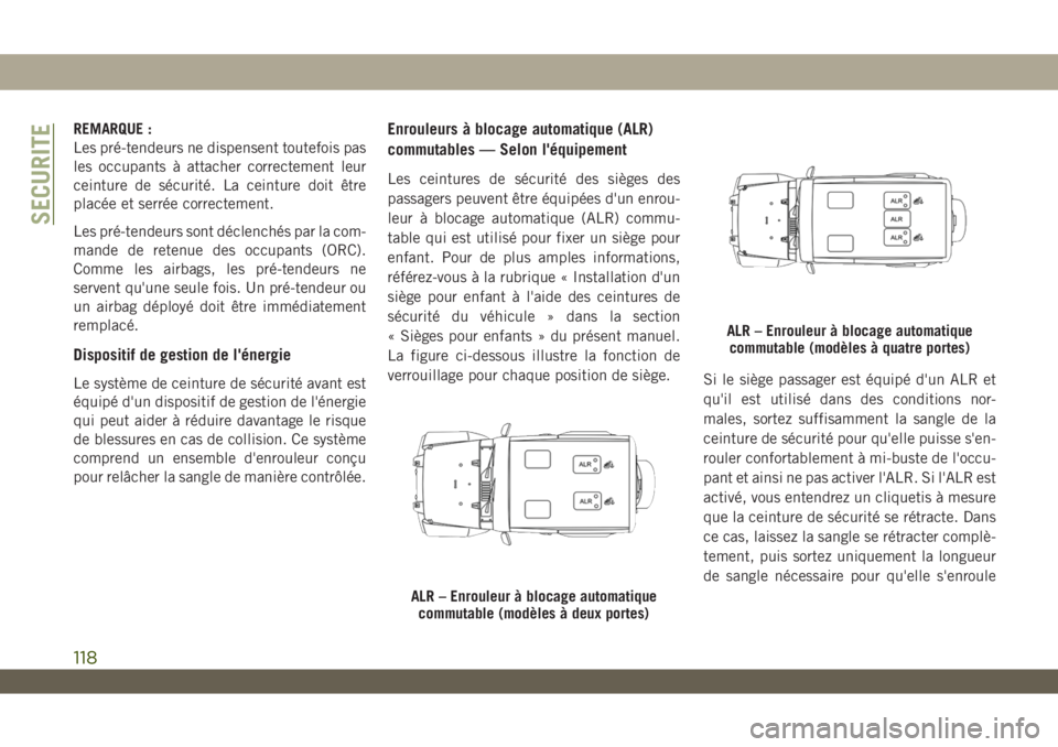 JEEP WRANGLER UNLIMITED 2019 Notice dentretien (in French) REMARQUE :
Les pré-tendeurs ne dispensent toutefois pas
les occupants à attacher correctement leur
ceinture de sécurité. La ceinture doit être
placée et serrée correctement.
Les pré-tendeurs s JEEP WRANGLER UNLIMITED 2019 Notice dentretien (in French) REMARQUE :
Les pré-tendeurs ne dispensent toutefois pas
les occupants à attacher correctement leur
ceinture de sécurité. La ceinture doit être
placée et serrée correctement.
Les pré-tendeurs s