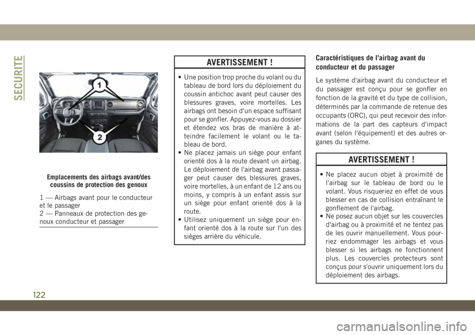 JEEP WRANGLER UNLIMITED 2019 Notice dentretien (in French) AVERTISSEMENT !
• Une position trop proche du volant ou du
tableau de bord lors du déploiement du
coussin antichoc avant peut causer des
blessures graves, voire mortelles. Les
airbags ont besoin d& JEEP WRANGLER UNLIMITED 2019 Notice dentretien (in French) AVERTISSEMENT !
• Une position trop proche du volant ou du
tableau de bord lors du déploiement du
coussin antichoc avant peut causer des
blessures graves, voire mortelles. Les
airbags ont besoin d&