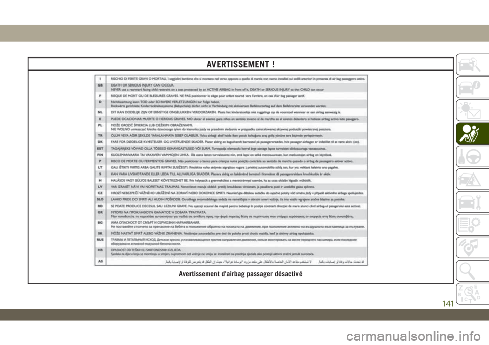 JEEP WRANGLER UNLIMITED 2019 Notice dentretien (in French) AVERTISSEMENT !
Avertissement d'airbag passager désactivé
141 JEEP WRANGLER UNLIMITED 2019 Notice dentretien (in French) AVERTISSEMENT !
Avertissement d'airbag passager désactivé
141