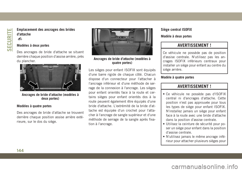 JEEP WRANGLER UNLIMITED 2019 Notice dentretien (in French) Emplacement des ancrages des brides
d'attache
Modèles à deux portes
Des ancrages de bride d'attache se situent
derrière chaque position d'assise arrière, près
du plancher.
Modèles à JEEP WRANGLER UNLIMITED 2019 Notice dentretien (in French) Emplacement des ancrages des brides
d'attache
Modèles à deux portes
Des ancrages de bride d'attache se situent
derrière chaque position d'assise arrière, près
du plancher.
Modèles Ã