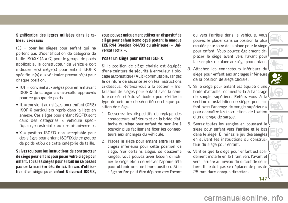 JEEP WRANGLER UNLIMITED 2019 Notice dentretien (in French) Signification des lettres utilisées dans le ta-
bleau ci-dessus
(1) = pour les sièges pour enfant qui ne
portent pas d'identification de catégorie de
taille ISO/XX (A à G) pour le groupe de po JEEP WRANGLER UNLIMITED 2019 Notice dentretien (in French) Signification des lettres utilisées dans le ta-
bleau ci-dessus
(1) = pour les sièges pour enfant qui ne
portent pas d'identification de catégorie de
taille ISO/XX (A Ã G) pour le groupe de po