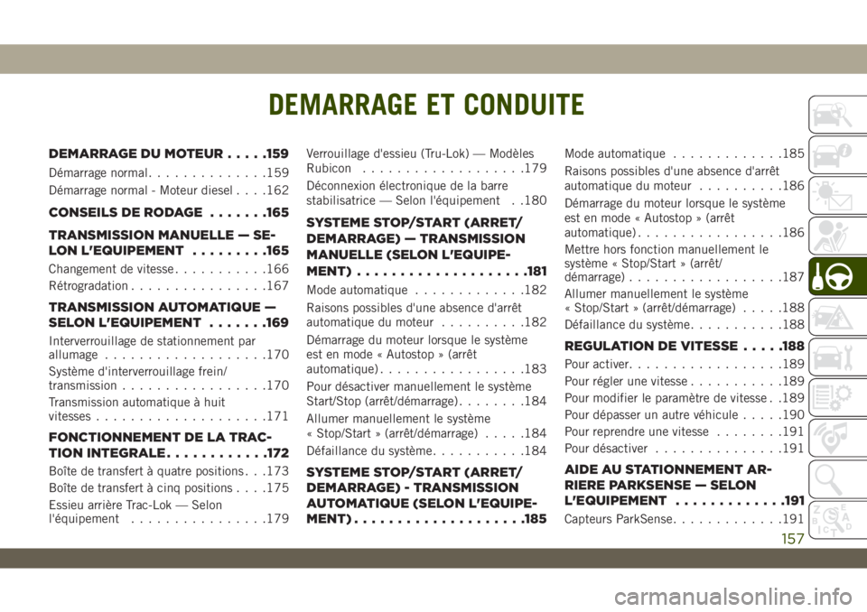JEEP WRANGLER UNLIMITED 2019 Notice dentretien (in French) DEMARRAGE ET CONDUITE
DEMARRAGE DU MOTEUR.....159
Démarrage normal..............159
Démarrage normal - Moteur diesel. . . .162
CONSEILS DE RODAGE.......165
TRANSMISSION MANUELLE — SE-
LON L'EQ JEEP WRANGLER UNLIMITED 2019 Notice dentretien (in French) DEMARRAGE ET CONDUITE
DEMARRAGE DU MOTEUR.....159
Démarrage normal..............159
Démarrage normal - Moteur diesel. . . .162
CONSEILS DE RODAGE.......165
TRANSMISSION MANUELLE — SE-
LON L'EQ